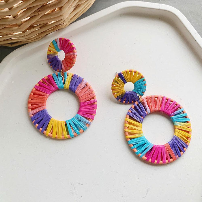 Colorful Lafite Woven Geometric Double Round Earrings Jewelry