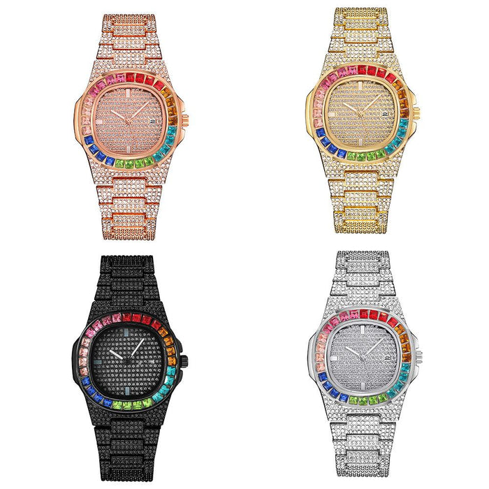 Luxury Branded Watches Stainless Steel Diamond Strap Fashion Men Calendar Watch
