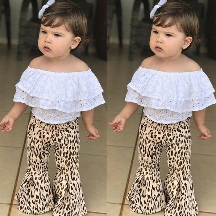 White lotus leaf collar lace top leopard horn Pants Set