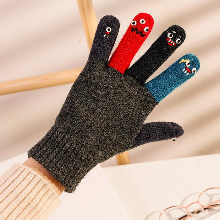 Knitted wool gloves women cute cute cute funny face Japanese autumn and winter touch screen warm five fingers driving cold
