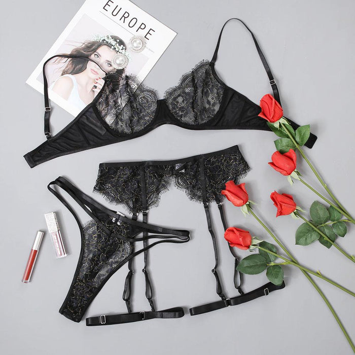 Women's Eyelash Lace Lingerie Sexy Garter Underwear Set