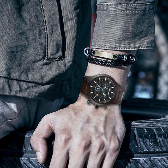 Classic Fashion Multifunctional Waterproof Three Eye Wooden Quartz Watch