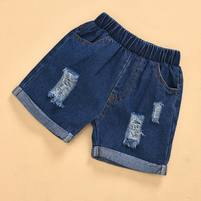 Boys' short sleeved denim hole shorts two-piece set