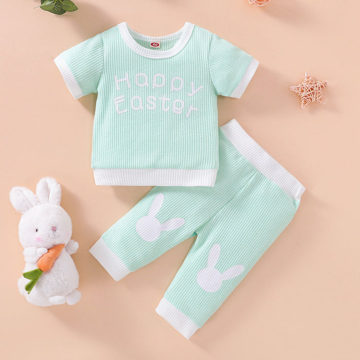 Letter print stitched short sleeve top stitched trousers set