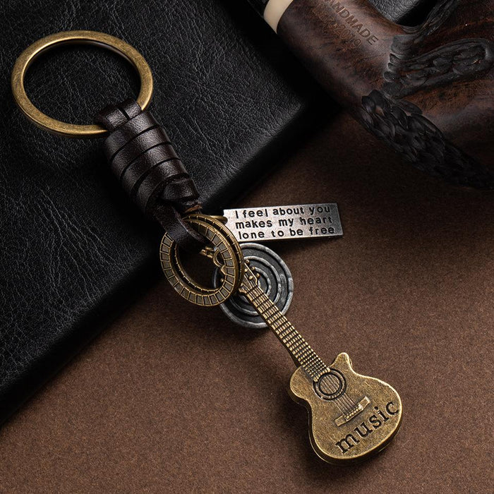 Vintage Keychains creative guitar leather Keychains woven leather key backpack Pendant