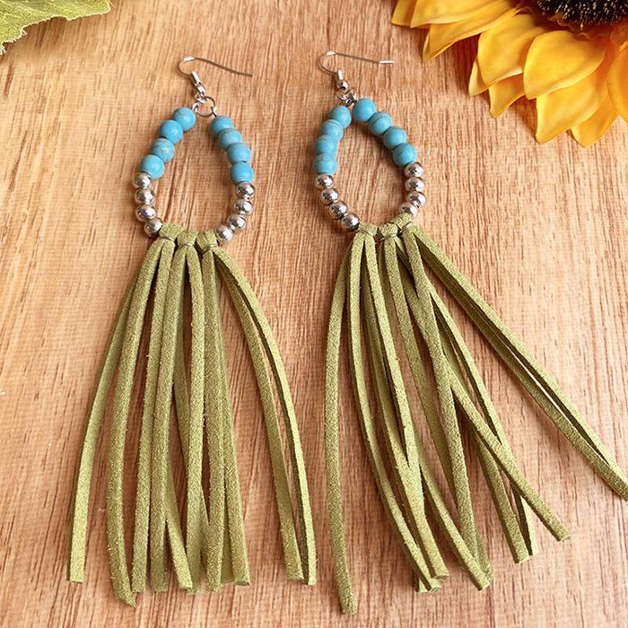 Western Style Pine Stone Bead Leather Large Long Earrings