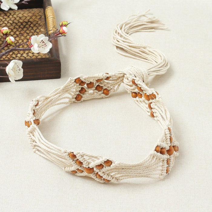 X letter shape woven belt with wooden beads women's clothing belt
