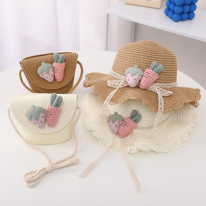 Cute Strawberry Radish Children's Wavy Straw Hat Bag Set