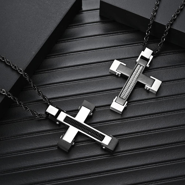 Inlaid Wire Rope Stainless Steel Cross Pendant Necklace