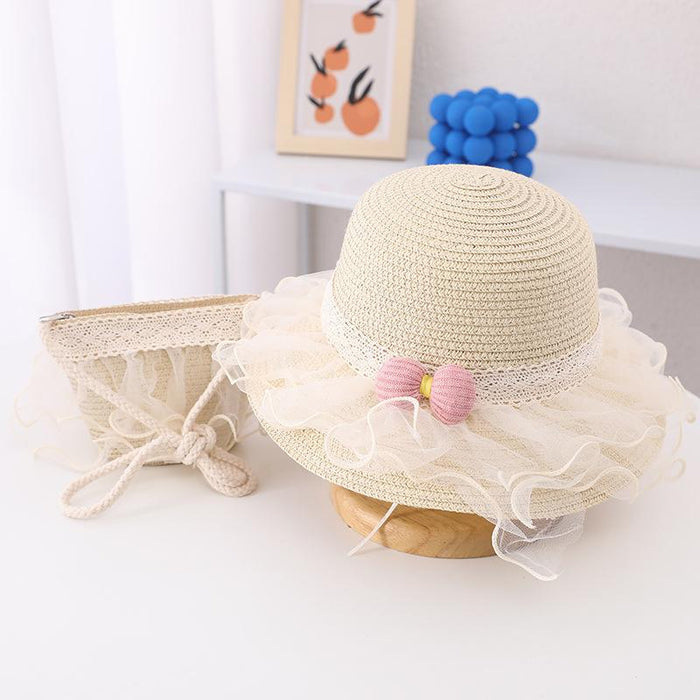Summer Children's Lace Bow Grass Bucket Hat Bag Set