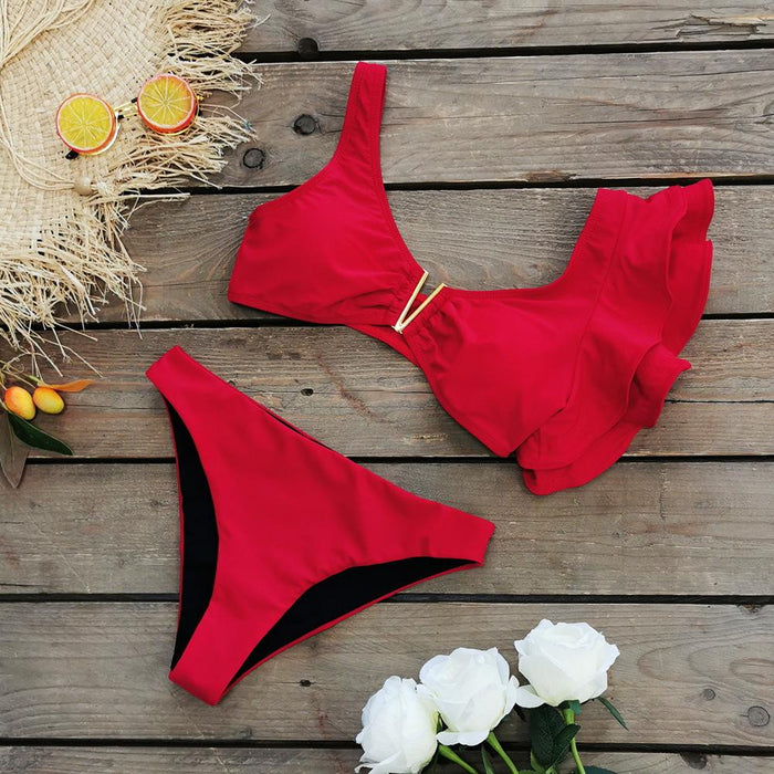 Pure Red Single Shoulder Double Ruffle Split Bikini