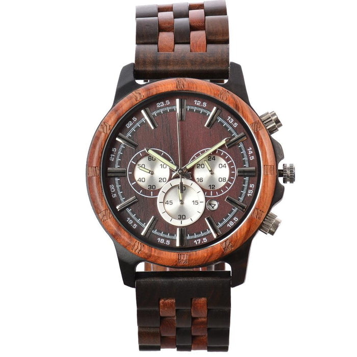 New Men's Multifunctional Business Luminous Large Dial Wood Quartz Watch