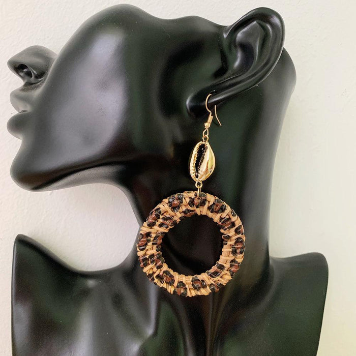 Colorful Leopard Print Fashion Hand Woven Exaggerated Rattan Earrings Jewelry