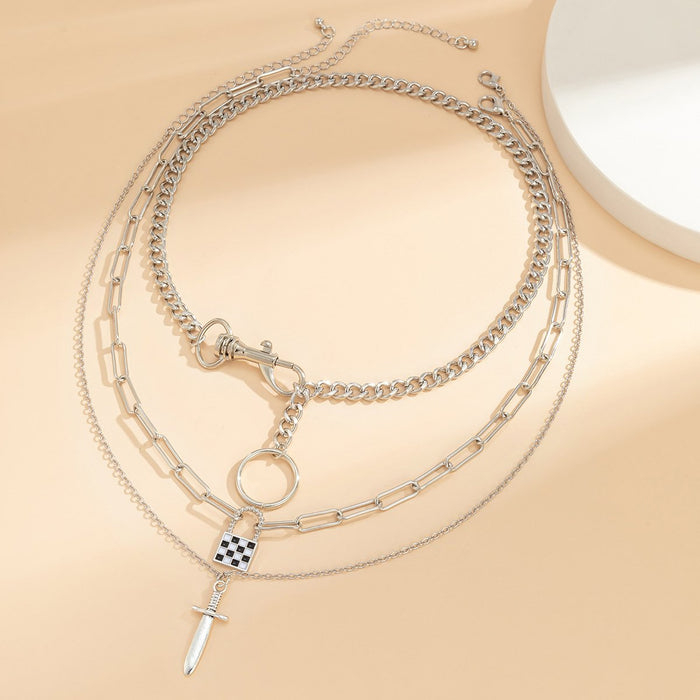 Geometric Hollow Chain Sword Chessboard Pendant Necklace