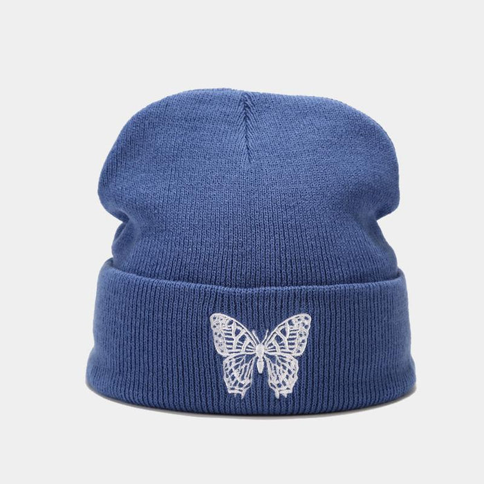 Knitted Beanies Hat Butterfly Embroidery Winter Warm Ski Hats
