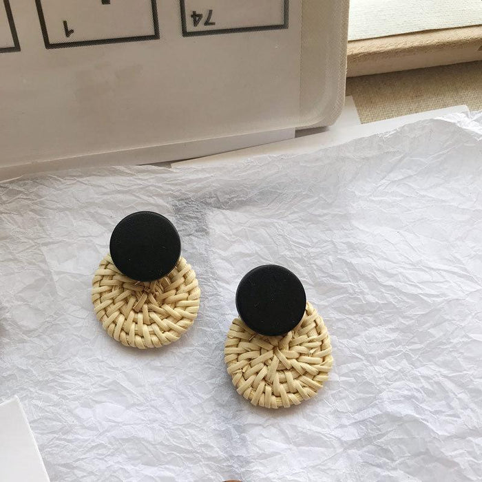 Geometric Circular Bamboo Rattan Woven Wooden Earrings