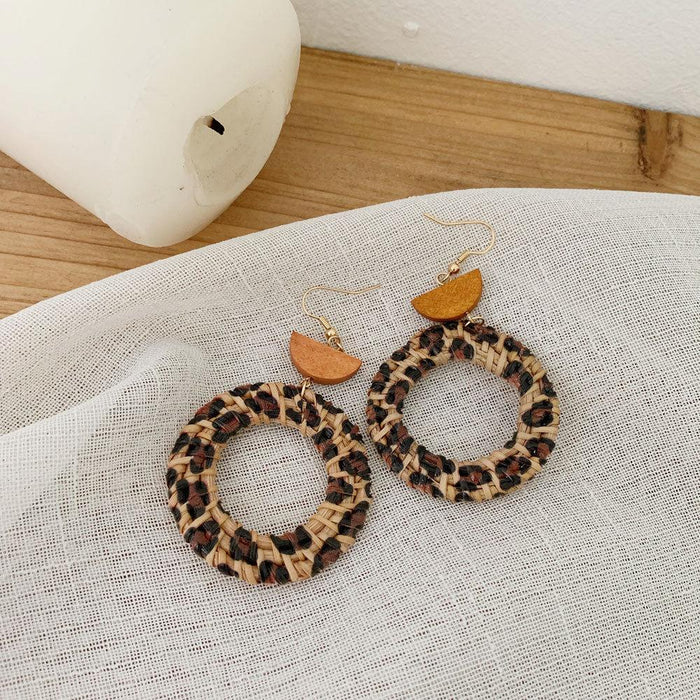 Colorful Leopard Print Fashion Hand Woven Exaggerated Rattan Earrings Jewelry
