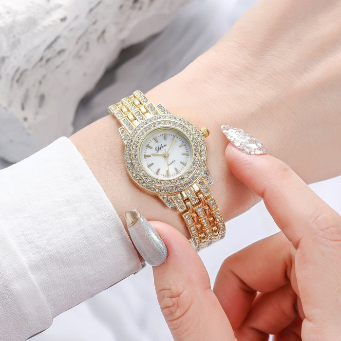 Temperament Gold Quartz Fashion Casual Rhinestone Steel Band Ladies Watch