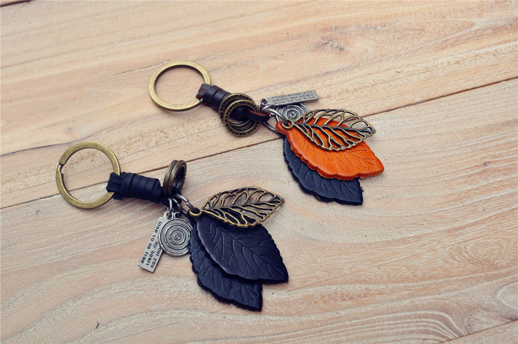 Creative key chain men's and women's small gift leather leaf Vintage woven key chain