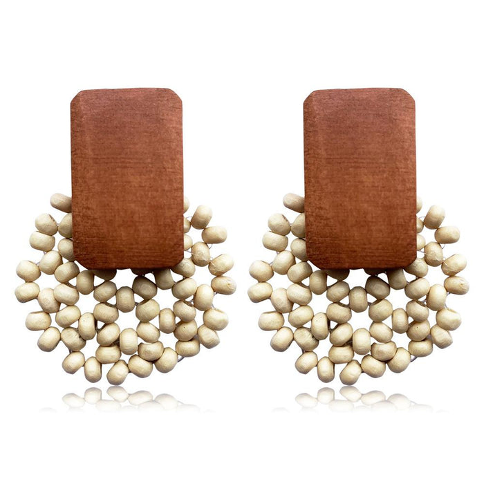 Wooden Bead Woven Geometric Round Earrings Jewelry