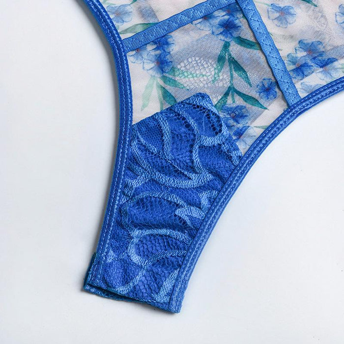 Women's Summer Mesh Lingerie Floral Print Slim Bodysuit