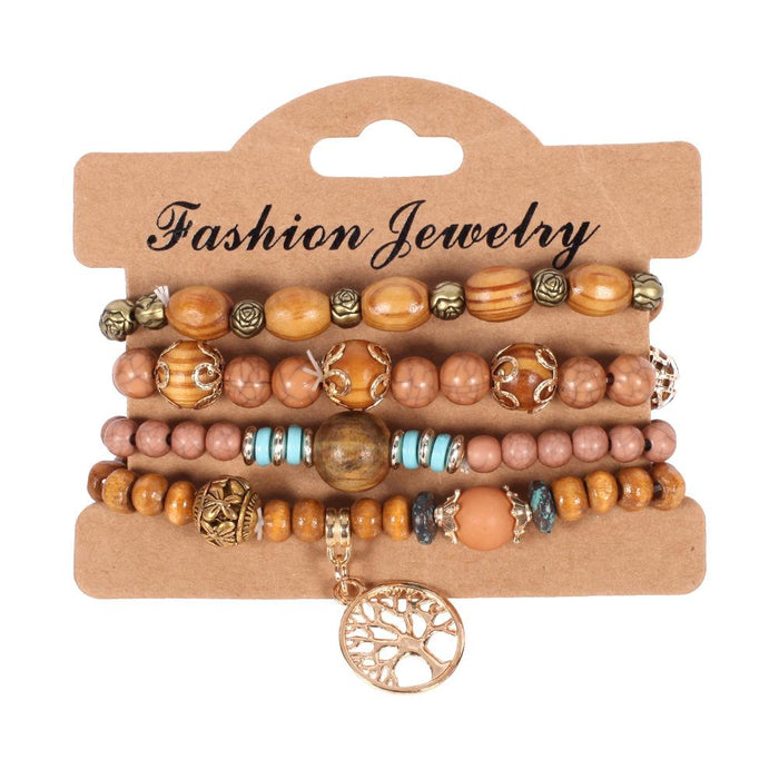 Handmade Bohemia Wood Beads Chain Bracelet Set