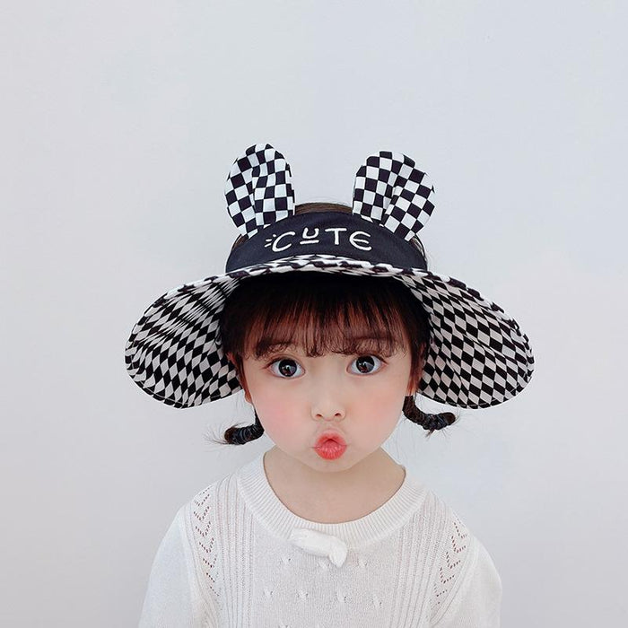 Summer Children's Plaid Rabbit Ears Big Brim Sunshade Hat