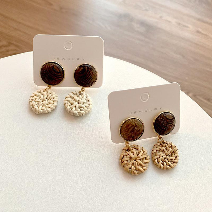 Geometric Round Wooden Grass Rattan Woven Earrings Jewelry