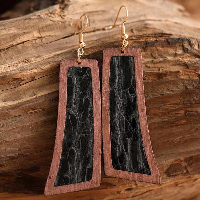 Vintage Leather Embossed Classic Wooden Women's Earrings