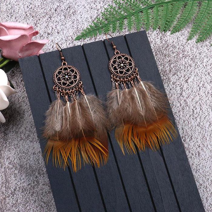 Fashion Flower Alloy Feather Chain Tassel Earrings