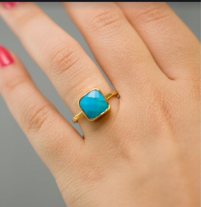 New Simple Square Turquoise Gold Ring