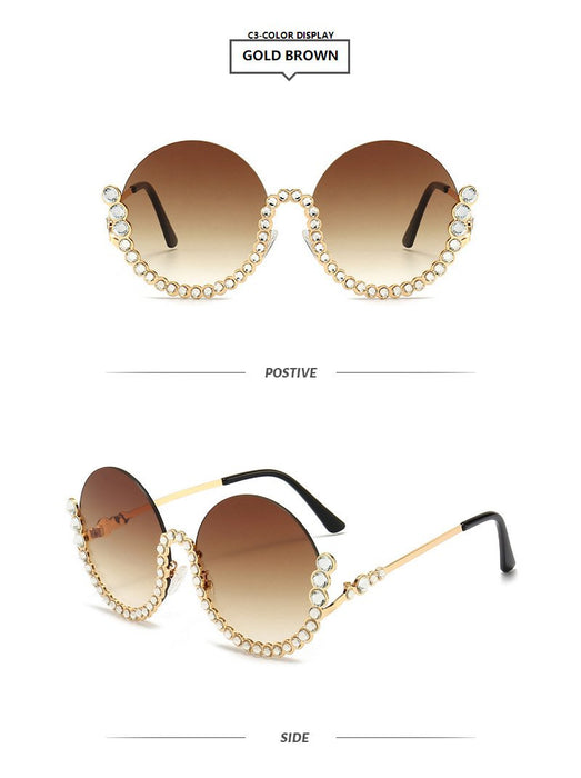 Round half frame metal Rhinestone Sunglasses