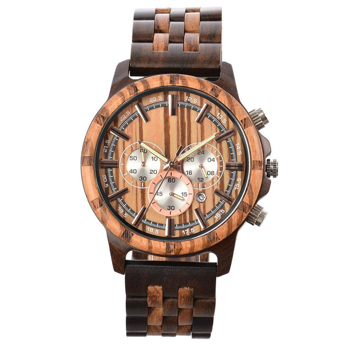 New Men's Multifunctional Business Luminous Large Dial Wood Quartz Watch