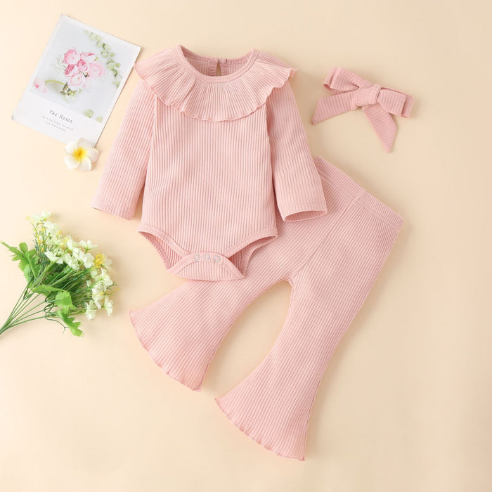 Infant solid color pit strip cotton long sleeved ruffled Khaki flared pants three piece set