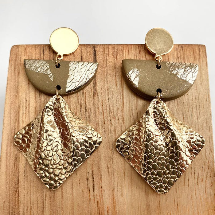 Gold Foil Soft Pottery Exaggerated Morandi Color Earrings Geometric Clay Earrings