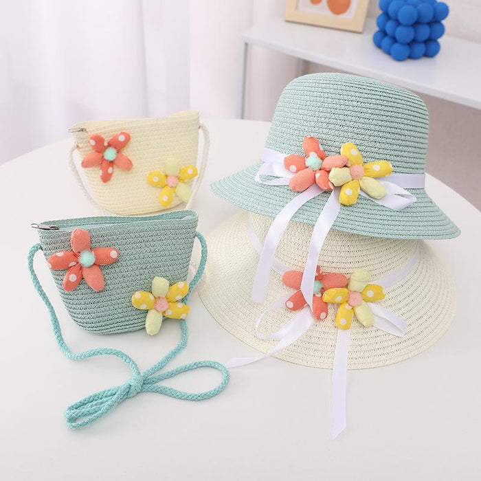 Summer Trendy Flower Streamer Children's Straw Hat Bag Set