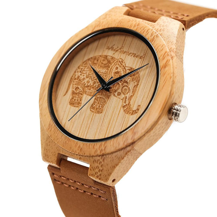 Men's Fashion Simple Bamboo Wood Watch Classic Leather Strap Quartz Watch