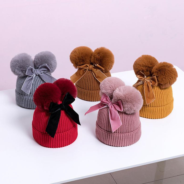 Double Plush Ball Kids Thickened Knit Bow Hat