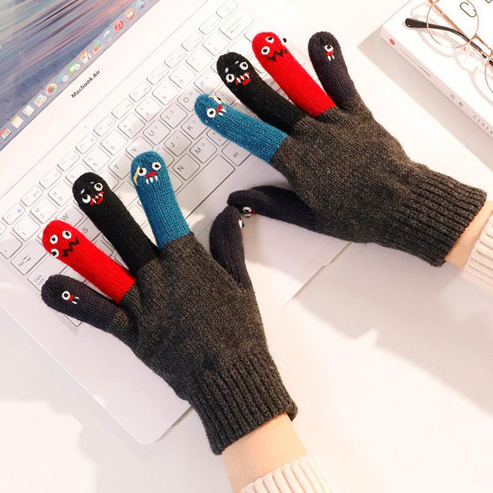Knitted wool gloves women cute cute cute funny face Japanese autumn and winter touch screen warm five fingers driving cold