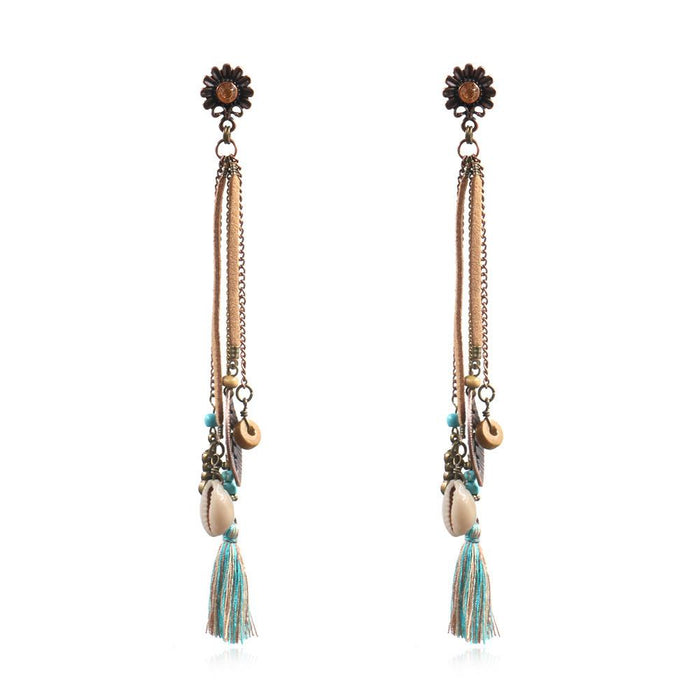 Women's Bohemian Shell Horns Sunflower Tassel Earrings