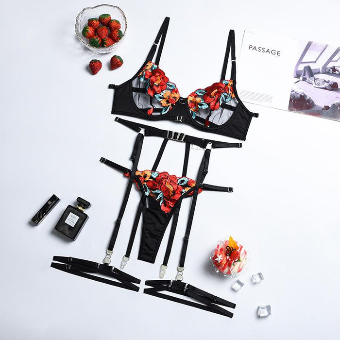 Women's Classic Embroidered Underwear Sexy Mesh Lingerie Set