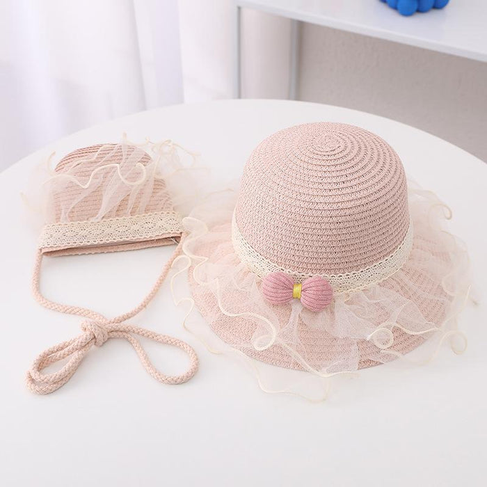 Summer Children's Lace Bow Grass Bucket Hat Bag Set