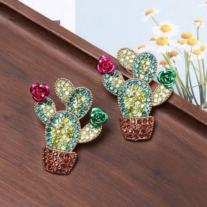 Women's Jewelry Plant Cactus Earrings Inlaid Rhinestone