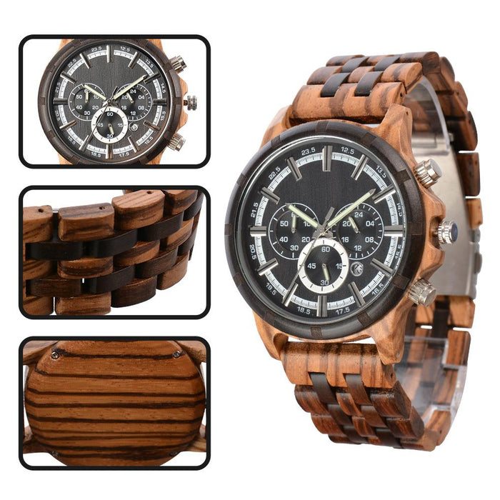 New Men's Multifunctional Business Luminous Large Dial Wood Quartz Watch