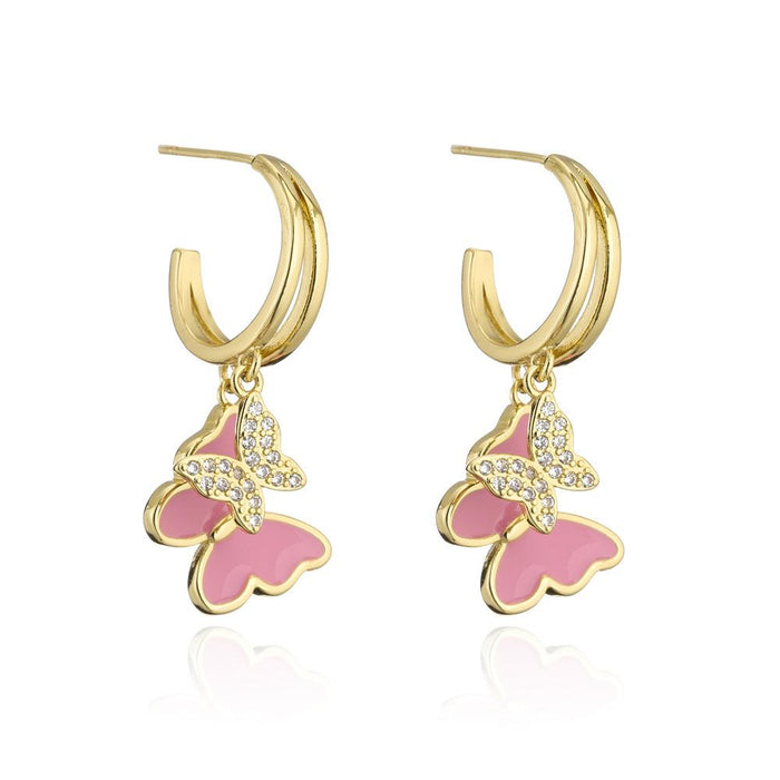 Light Luxury Oil Drop Gold Color Zircon Butterfly Earrings