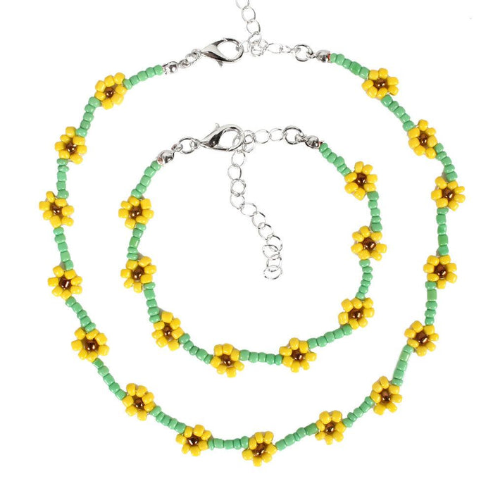 Women's Jewelry Creative Rice Bead Woven Flower Necklace Set
