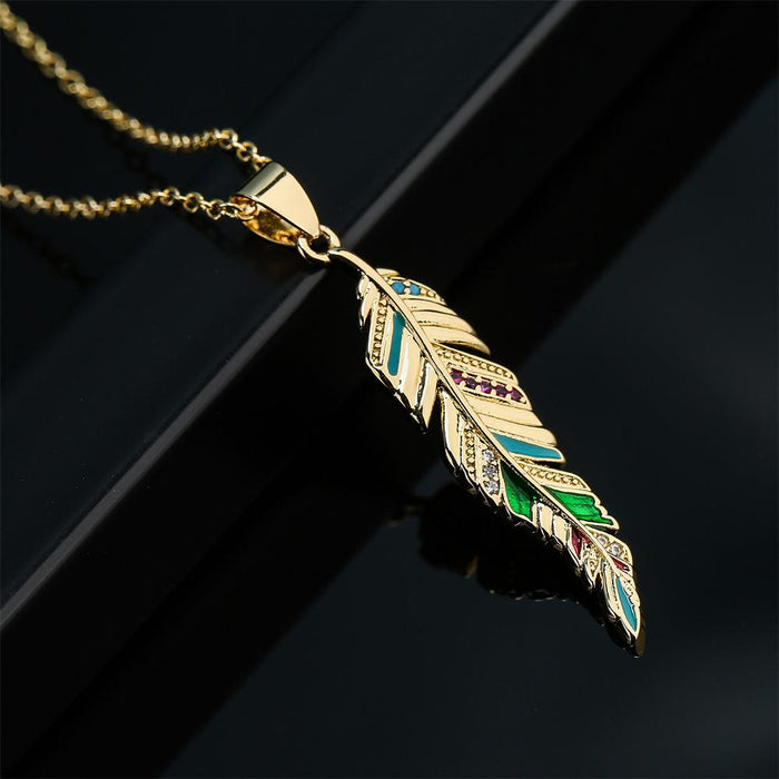 Vintage Boho Oil Dropped Zircon Leaf Pendant Necklace