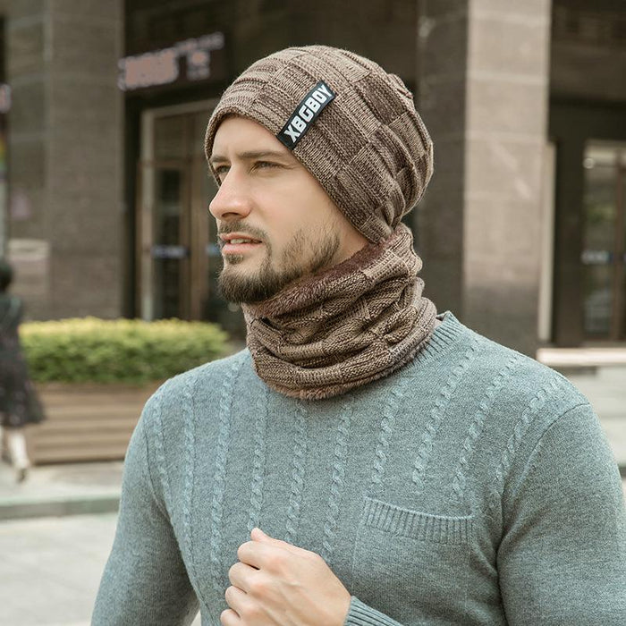 Men's Winter Knitted Pullover Wool Hat Scarf Set