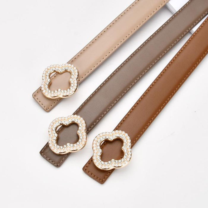 Versatile Floral Diamond Studded Leather Belt with Denim Trim