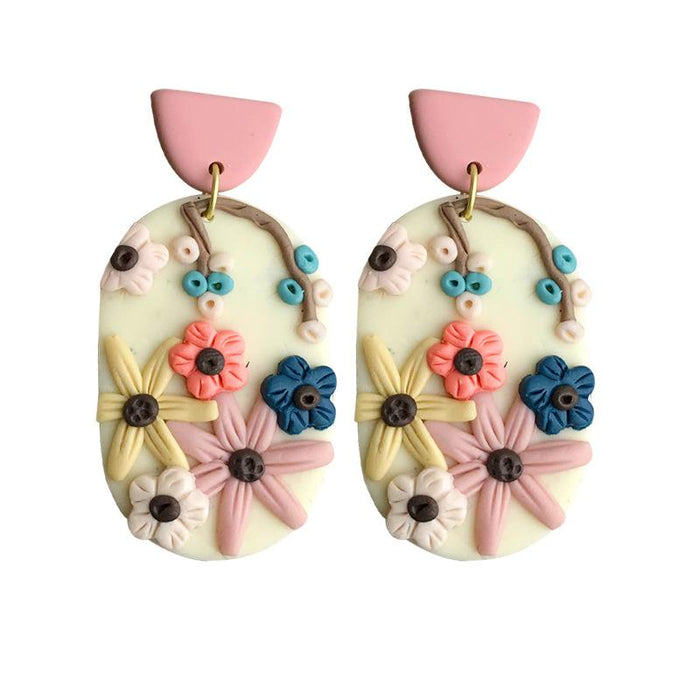 Polymerized Clay Soft Pottery Exquisite Carved Earrings Flower Texture Handmade Earrings Geometric Simplicity